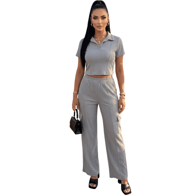 Conjunto 2 Piezas, Blusa Ajustada con Cuello y Pantalón Amplio con Bolsillos, Estilo Elegante y Moderno para Mujer