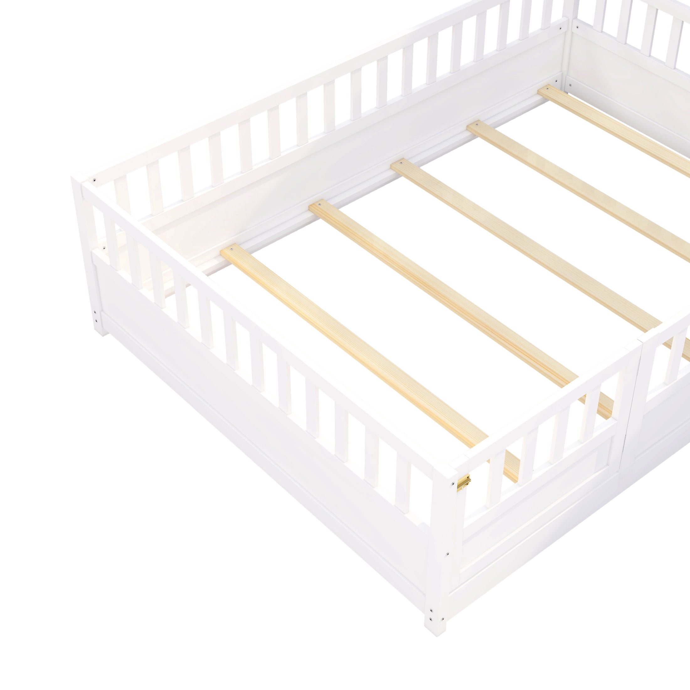 Noble House Full Size Montessori Floor Bed with Guardrails and Door, Wood Kids Bed Frame, White