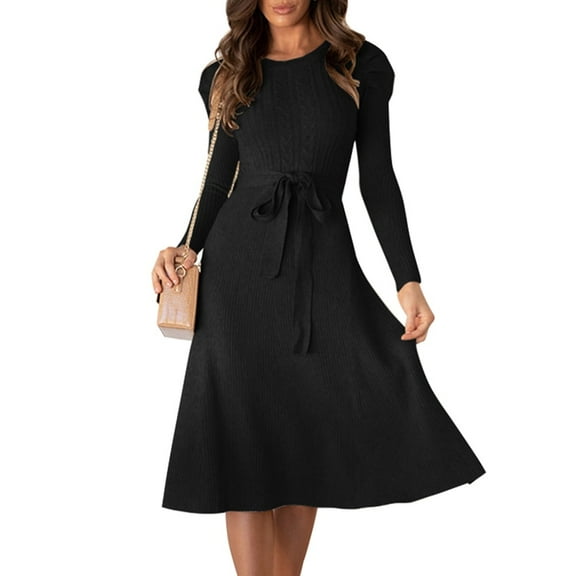 OBEEII Sweater Dresses for Women 2024 Fashion Black Knitted Maxi Dresses Belted Dresses Casual Dress