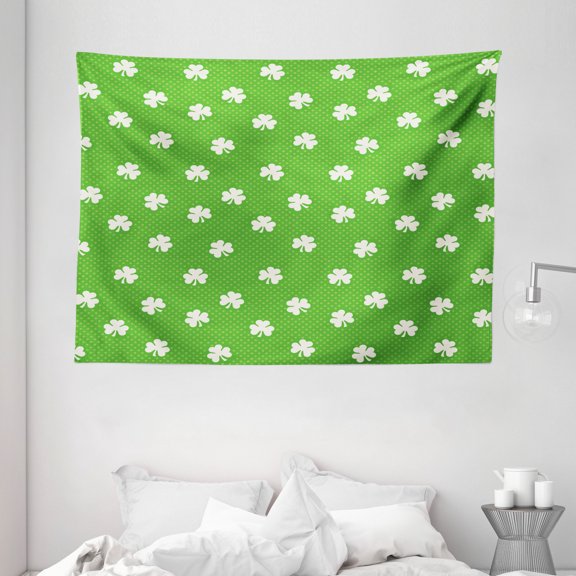 Irish Tapestry, Old Fashioned Polka Dots Backdrop with Cultural Flowers Clovers Retro Classic, Wall Hanging for Bedroom Living Room Dorm Decor, 80W X 60L Inches, Lime Green White, by Ambesonne
