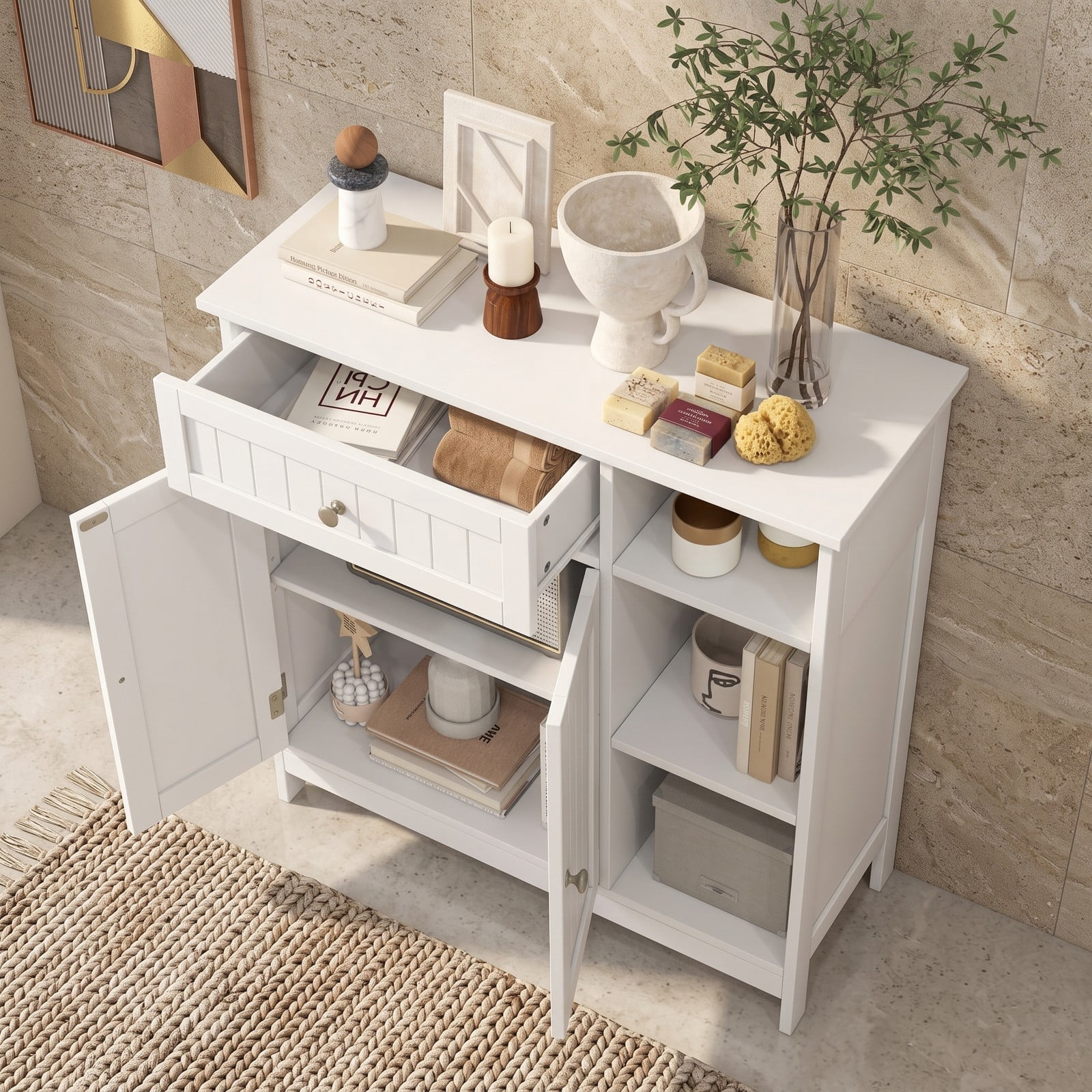 ALPULON Bathroom Floor Storage Cabinet with Drawer and 3 Open Compartments, Freestanding MDF Organizer Cabinet with Adjustable Shelf and Anti-Tip Device for, White