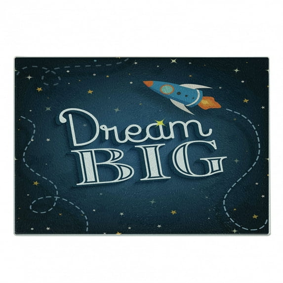 Saying Cutting Board, Inspirational Typography with Dream Big Inscription Space Rocket and Galaxy Backdrop, Decorative Tempered Glass Cutting and Serving Board, Small Size, Multicolor, by Ambesonne