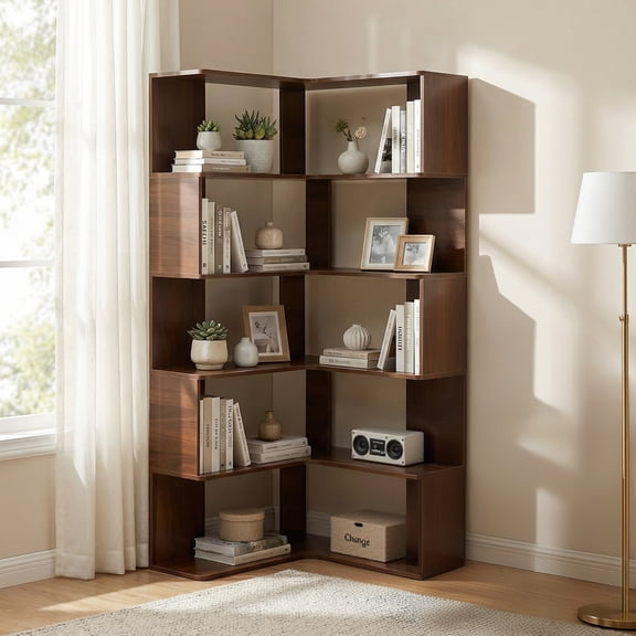 Noble House 6-Tier Tall Corner Bookshelf, L-Shaped Wooden Bookcase with Baffle and Safety Design, Home Office, Walnut