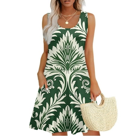GXIPO Sun Dresses for Women 2025 Vacation Sundresses for Women 2025 U Neck Sleeveless Casual Boho Aline Vintage Swimsuit Coverup Dress Sundresses with Pockets Light Green L
