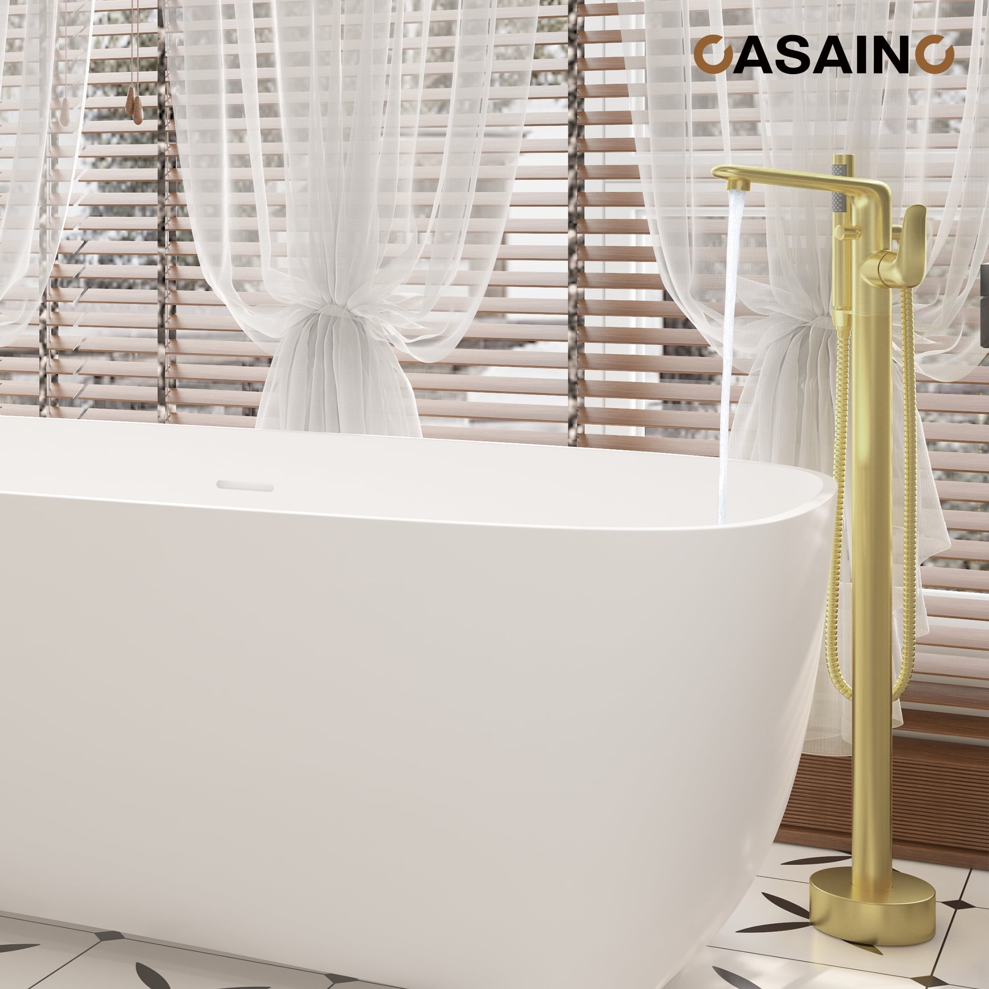 CASAINC Single-Handle Modern Floor Mount Freestanding Bathtub Faucet with Handheld Shower in Brushed Gold