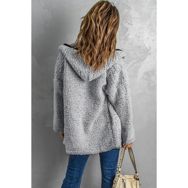 POGLIP Women s Dark Gray Open Front Long Sleeve Hooded Sherpa Coat