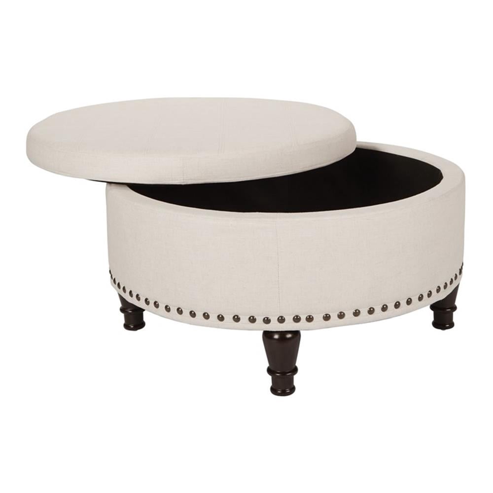Pemberly Row Modern Round Storage Ottoman in Linen Cream Fabric