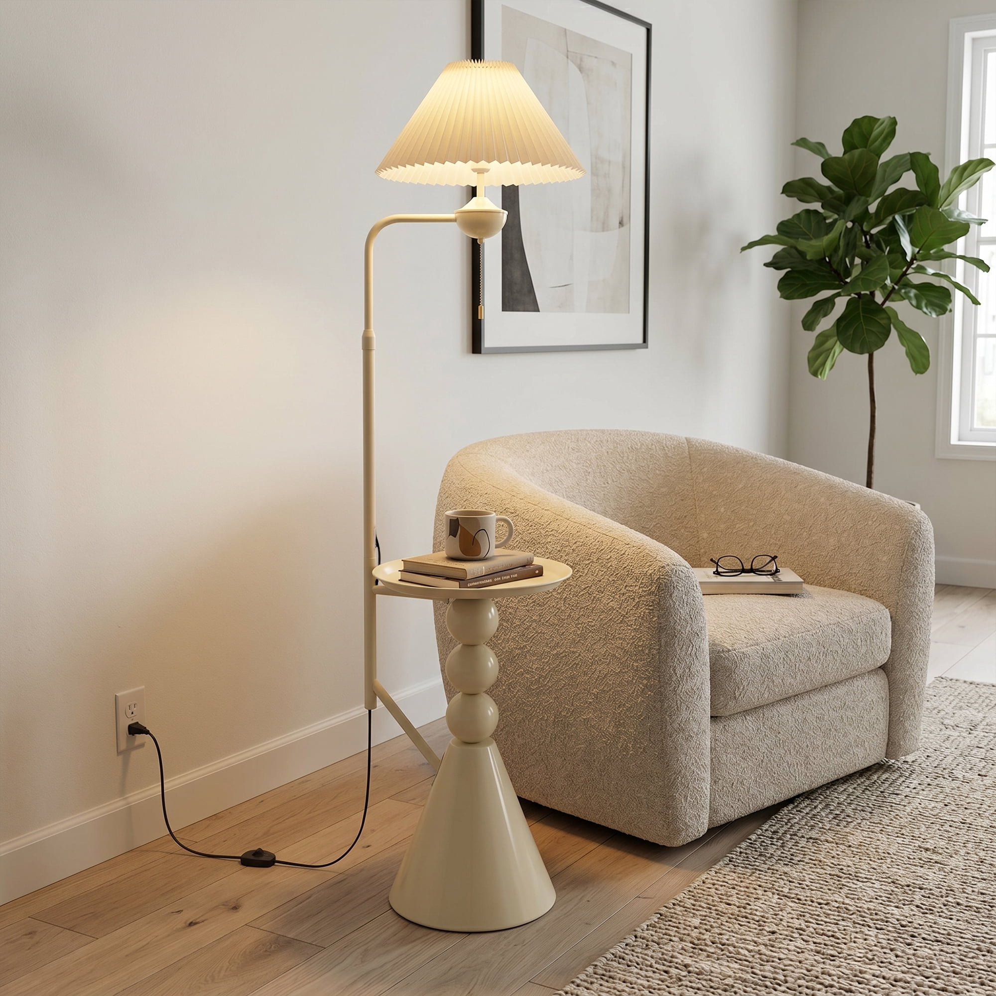 AFANQI15-inch Cream-colored Side Table Floor Lamp with Side Table Design; Suitable for Living Room, Bedroom, and Study; Nordic Minimalist Floor Lamp