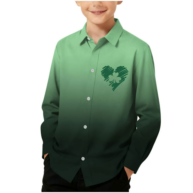 RXMEKW Chemise à Manches Longues Imprimée pour la Saint-Patrick pour Garçons avec Col Rabattu, 95 % Coton 5 % Spandex, Vert