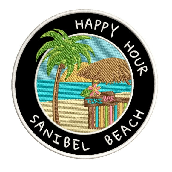 Happy Hour! Sanibel Beach, Florida 3.5 Inch Iron Or Sew On Embroidered Fabric Badge Patch Ocean Beach, Salt Life Iconic Series