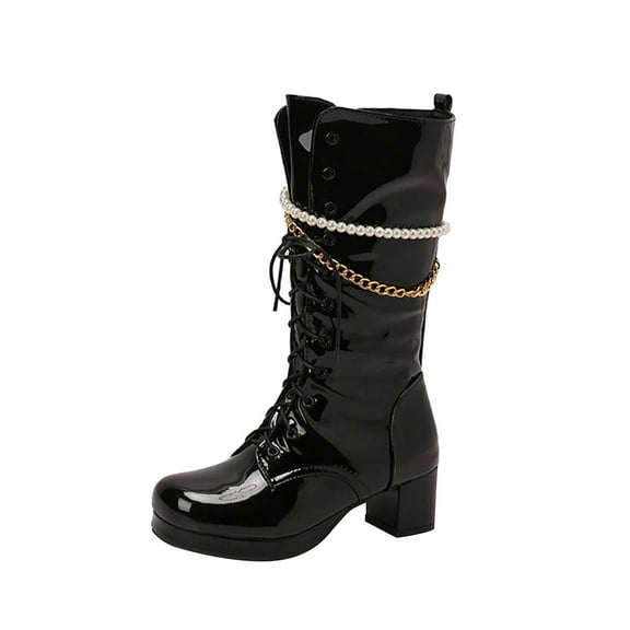 Knee High Boots for Women Mid Calf Boots Chunky Block Heels Buckle Lace Up Boots Stylish Fall Winter Shoes Black 39