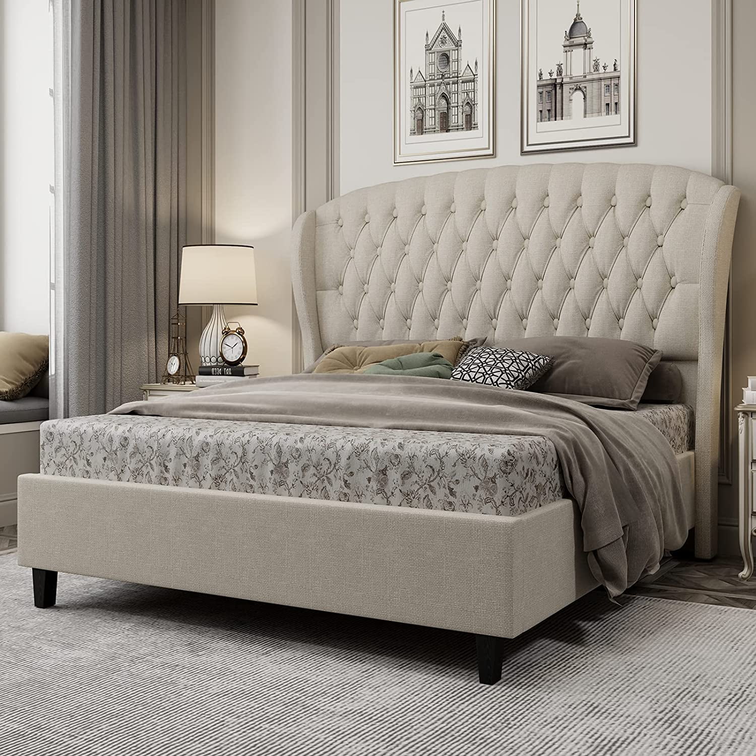 PaPaJet Queen Size Platform Bed Frame, Linen Curved Upholstered Bed