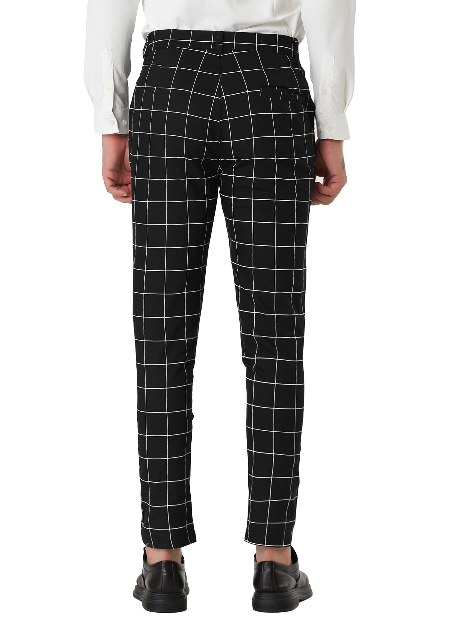 Unique Bargains Men's Slim Fit Plaid Business Pants Trousers with Pockets 30 Black and White