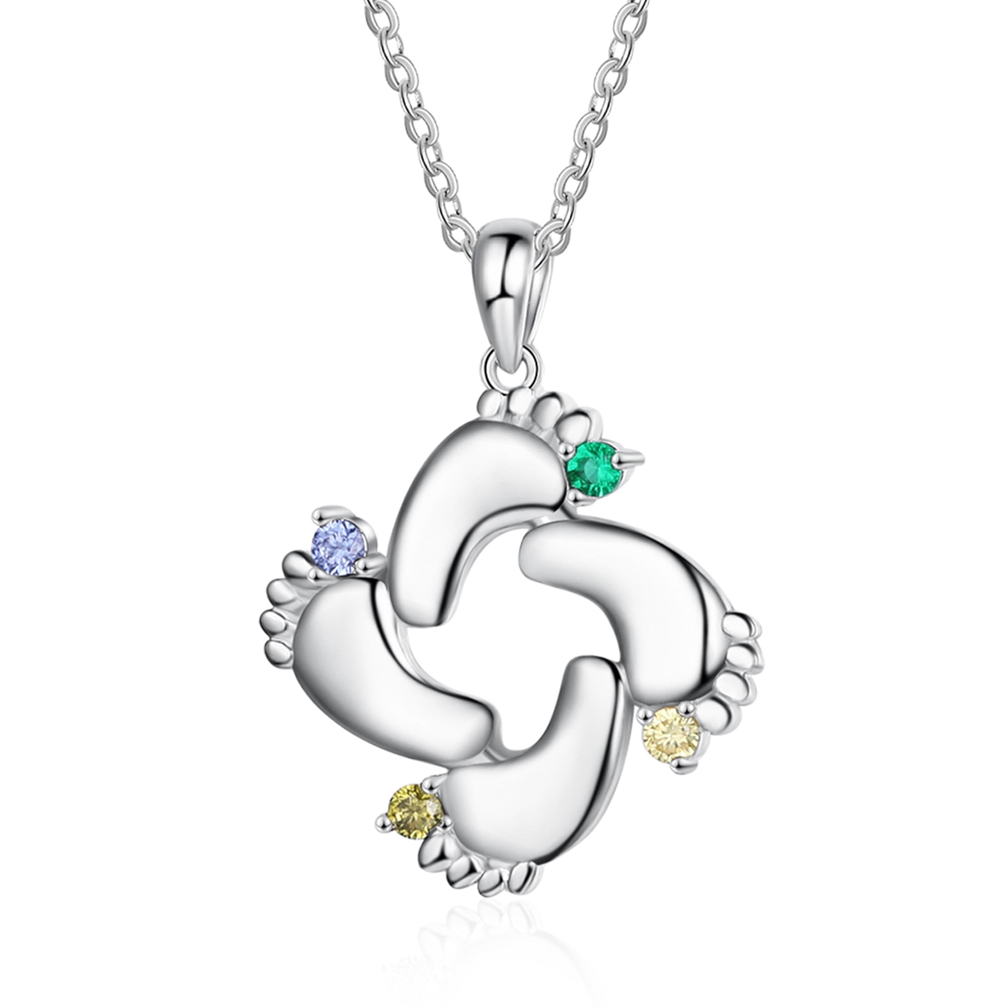 Mementos Jewelry Personalized Sterling Silver Footprint Family Mother Necklace 4 Birthstone and Name