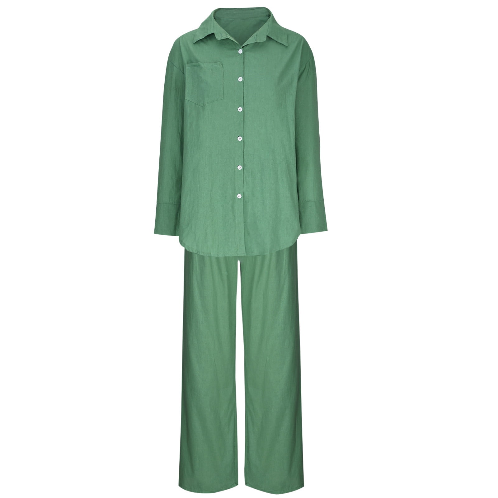 Women's 2 Piece Cotton Linen Set - Oversized Button Down Shirt With Wide Leg Pants Outfit