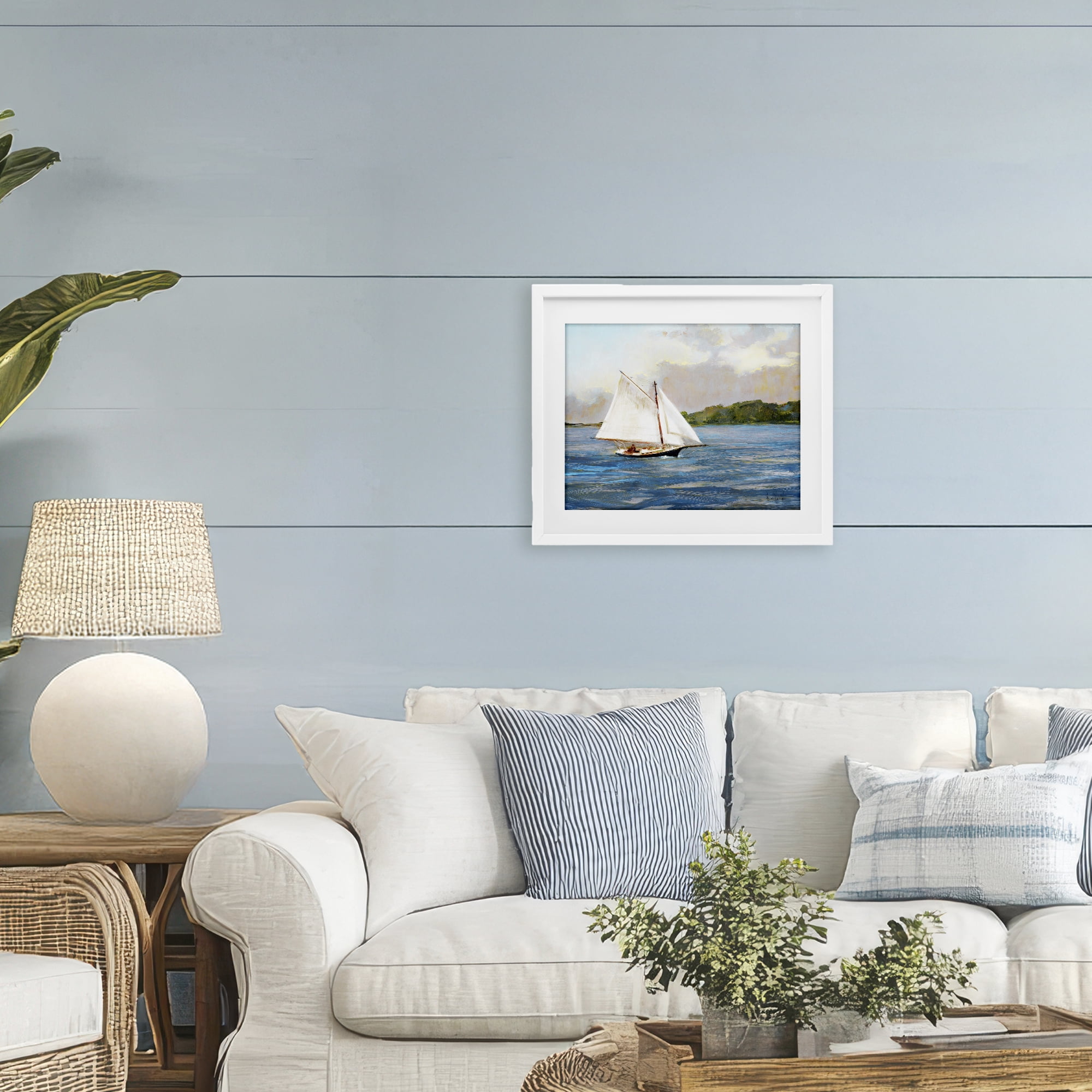 Stupell Industries White Sailboat on Calm Blue Sea White Framed Print Under Glass, design by Katie Swatland