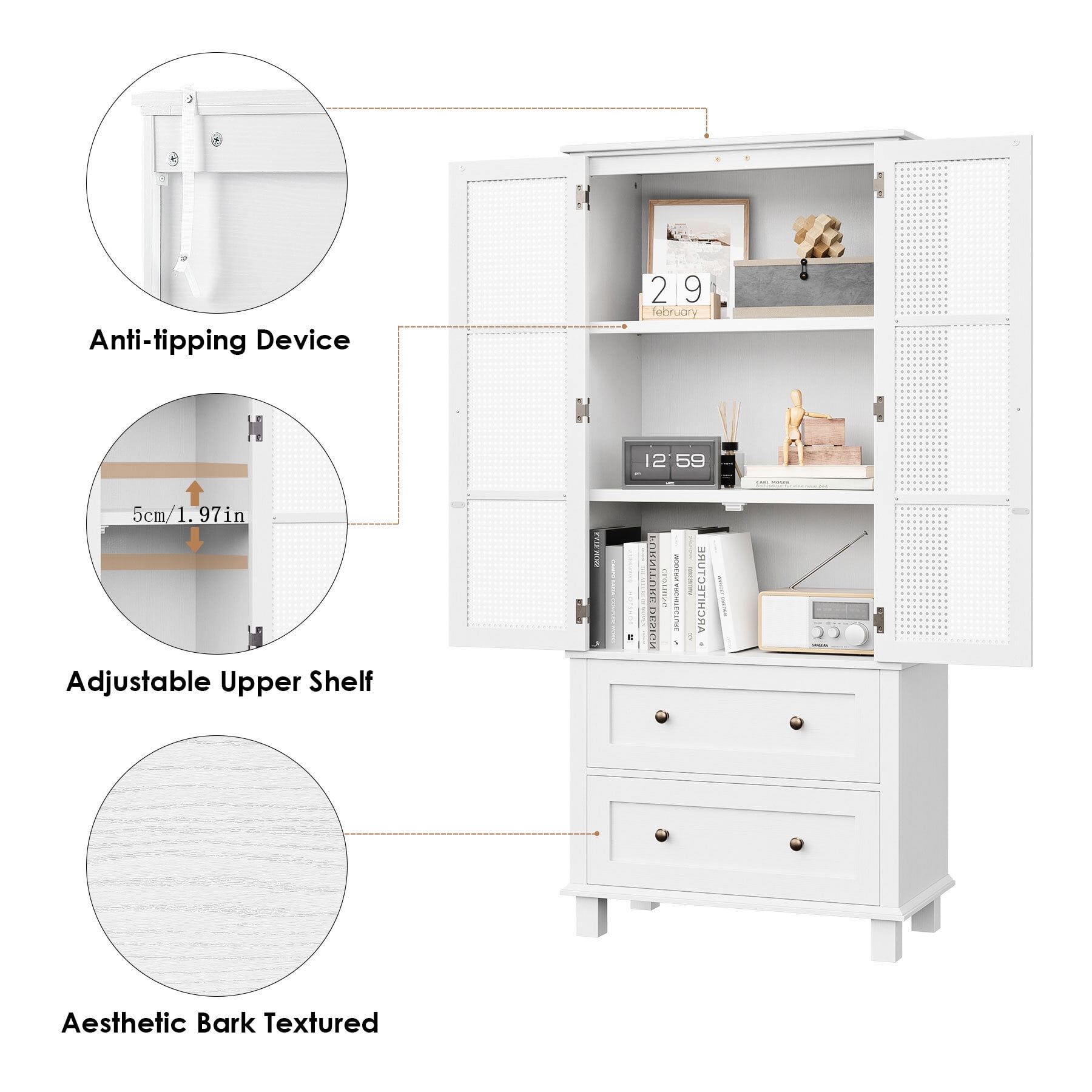 Homfa Storage Cabinet with Rattan Doors, Tall Cabinet Rattan Cabinet with  Drawers, Accent Versatile Cabinet for Living Room, White