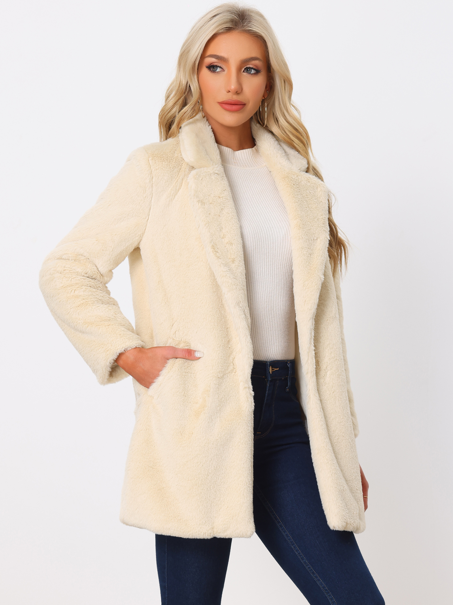 DARING DIVA Women's Lapel Faux Fur Fuzzy Warm Jacket Overcoat XL Apricot