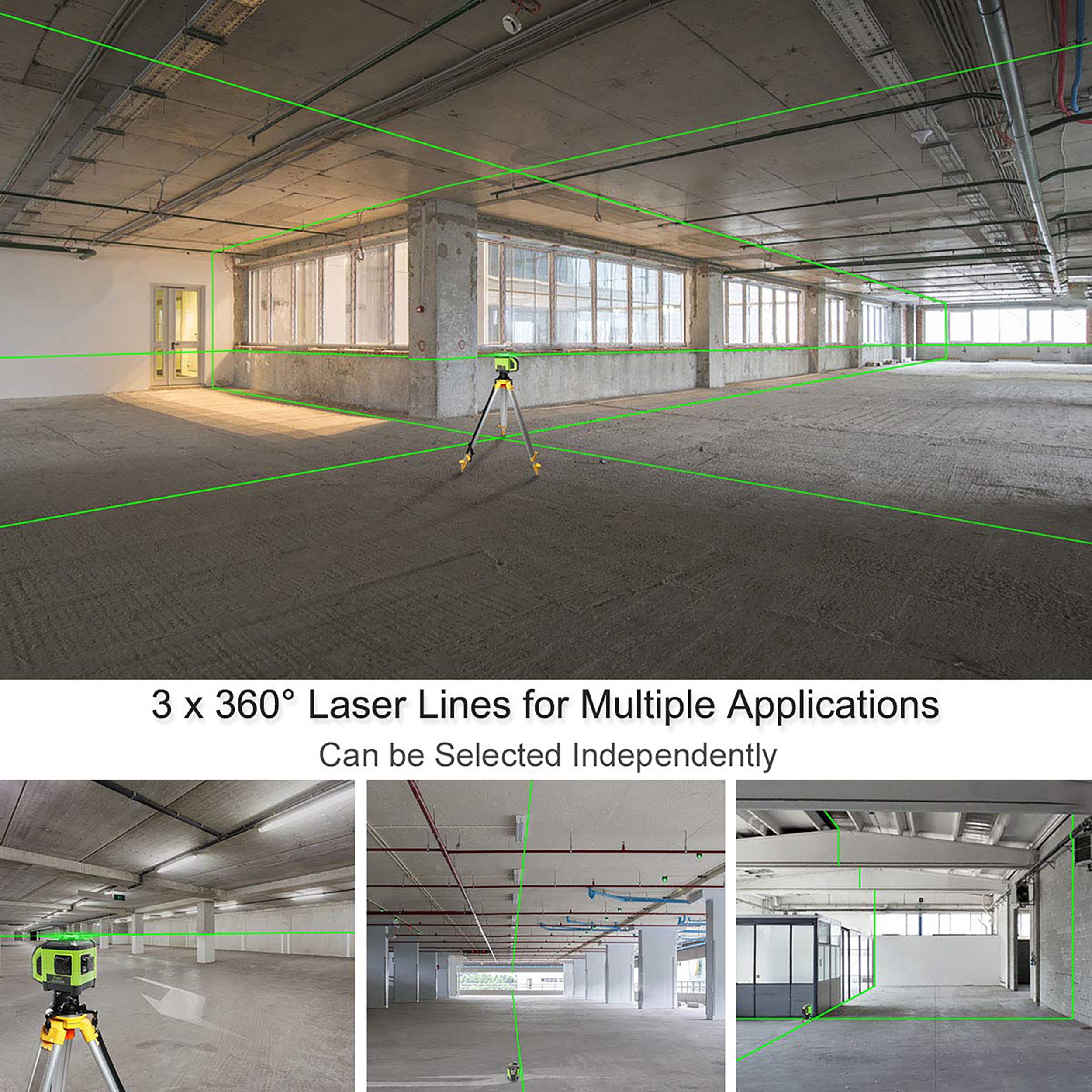 Huepar DT03CG 3D Cross Line Laser Level, Green Beam — 200 ft Range, 3 × 360° Self-Leveling, Includes Laser Receiver, Metal Base, Rechargeable Battery