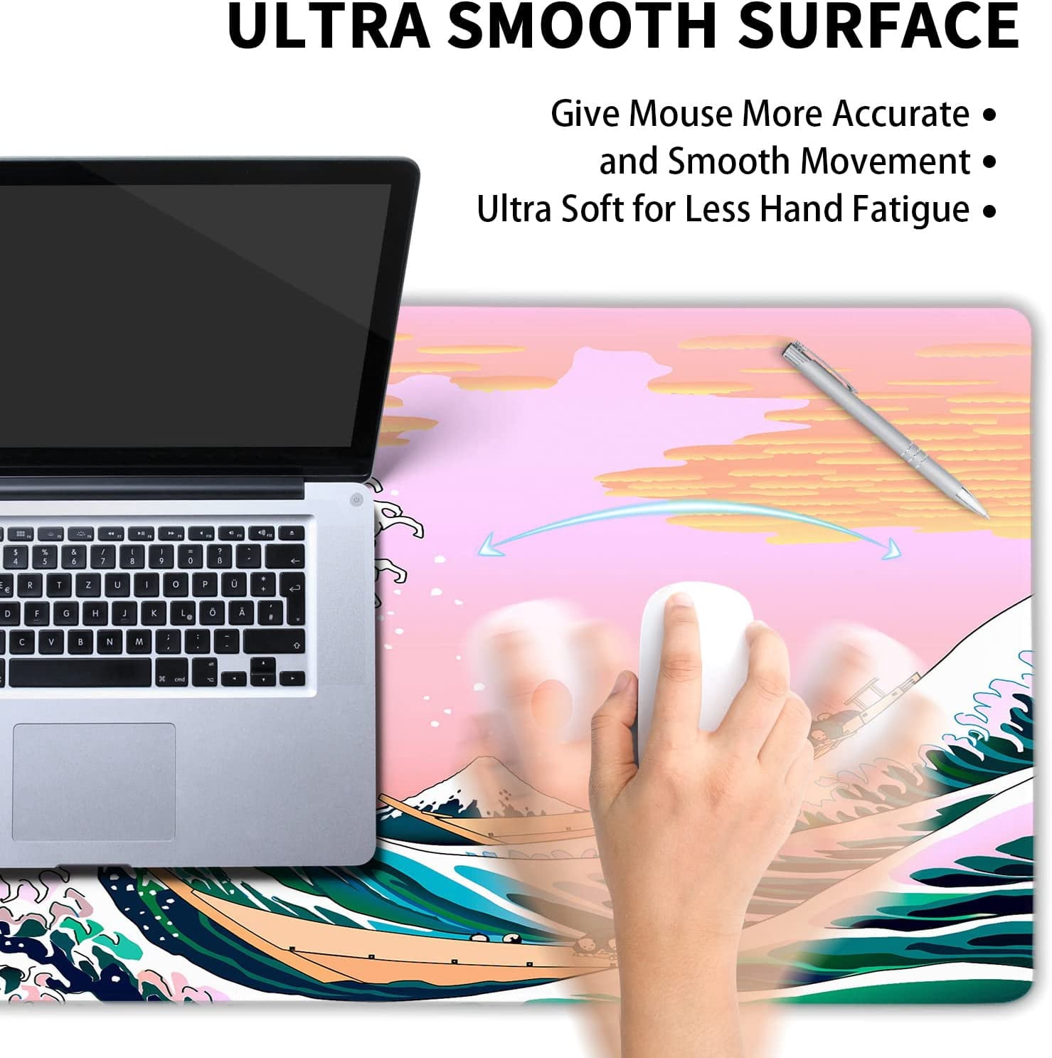 Pink Mouse Pad Japanese Wave Gaming Mousepad XL Anime Sunset Extended Large Desk Cover Big Table Mat Non-Slip Rubber Base Stitched Edge Long Keyboard Playmat for Laptop Gamer Office,31.5×11.8 in