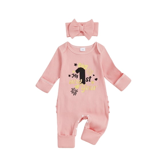 BemeyourBBs Baby Girls My 1st New Year Outfits Romper Letter Fireworks Print Long Sleeve Jumpsuit with Headband Spring Fall Clothes