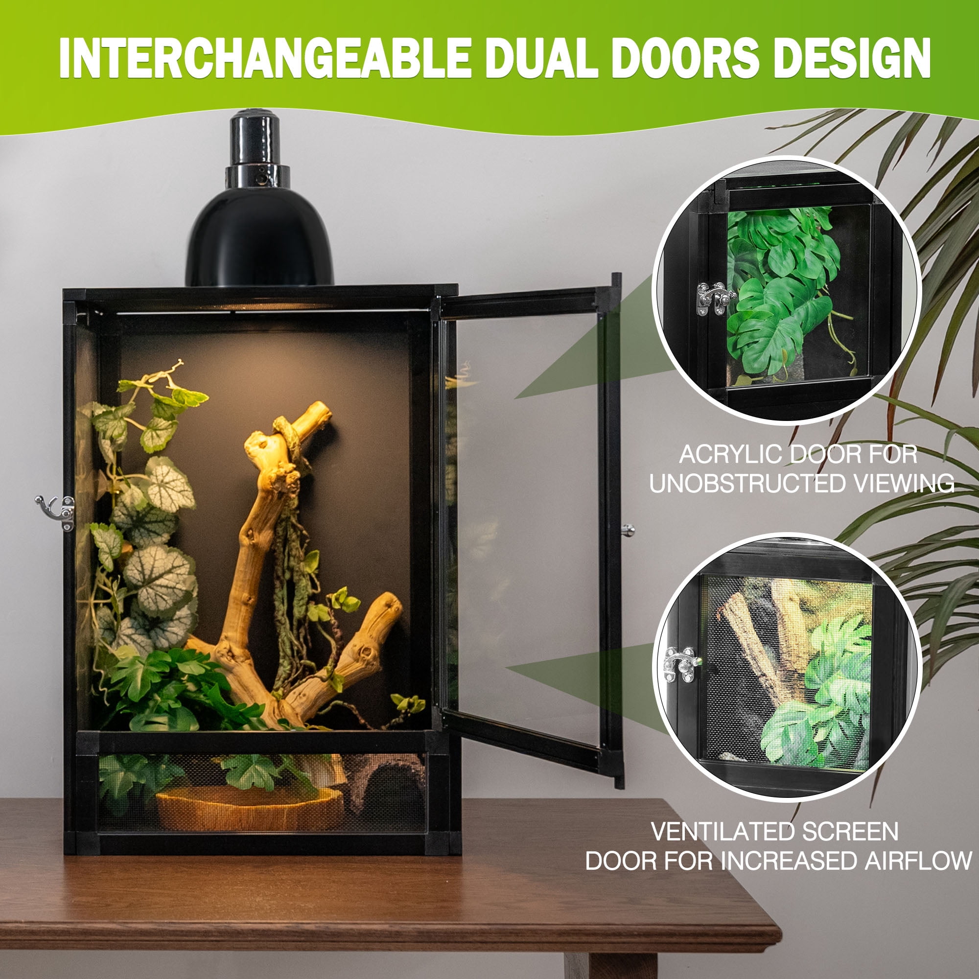 ToxiRium 18x18x36Inch Hybrid PVC Reptile Cage, Ventilated Warm PVC Habitat with Interchangeable Acrylic & Mesh Doors, Easy Assembly, Front Dual Access for Gecko, Chameleon, Snake, Frog