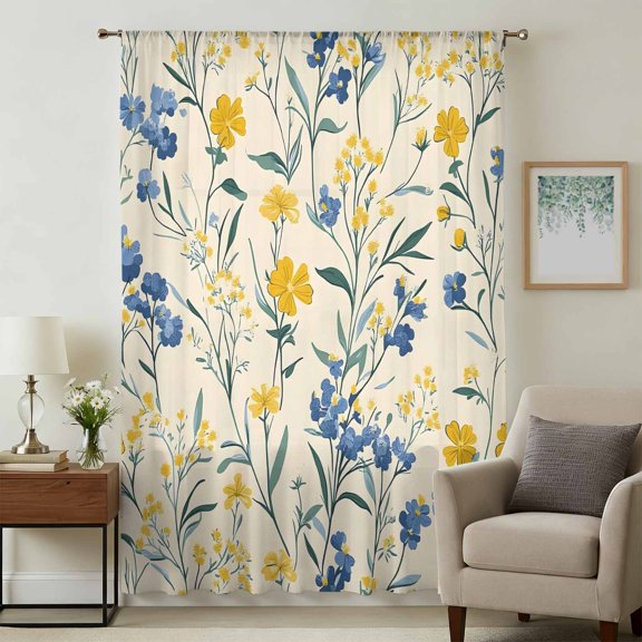 Seasonal Botanical Blooms Sheer Curtains 45 Inches Long, Blue Yellow Flowers Light Filering Curtains, Breathable Simi Curtain Privacy Drapes for Kitchen Bathroom Lightweight Small Window Treatment