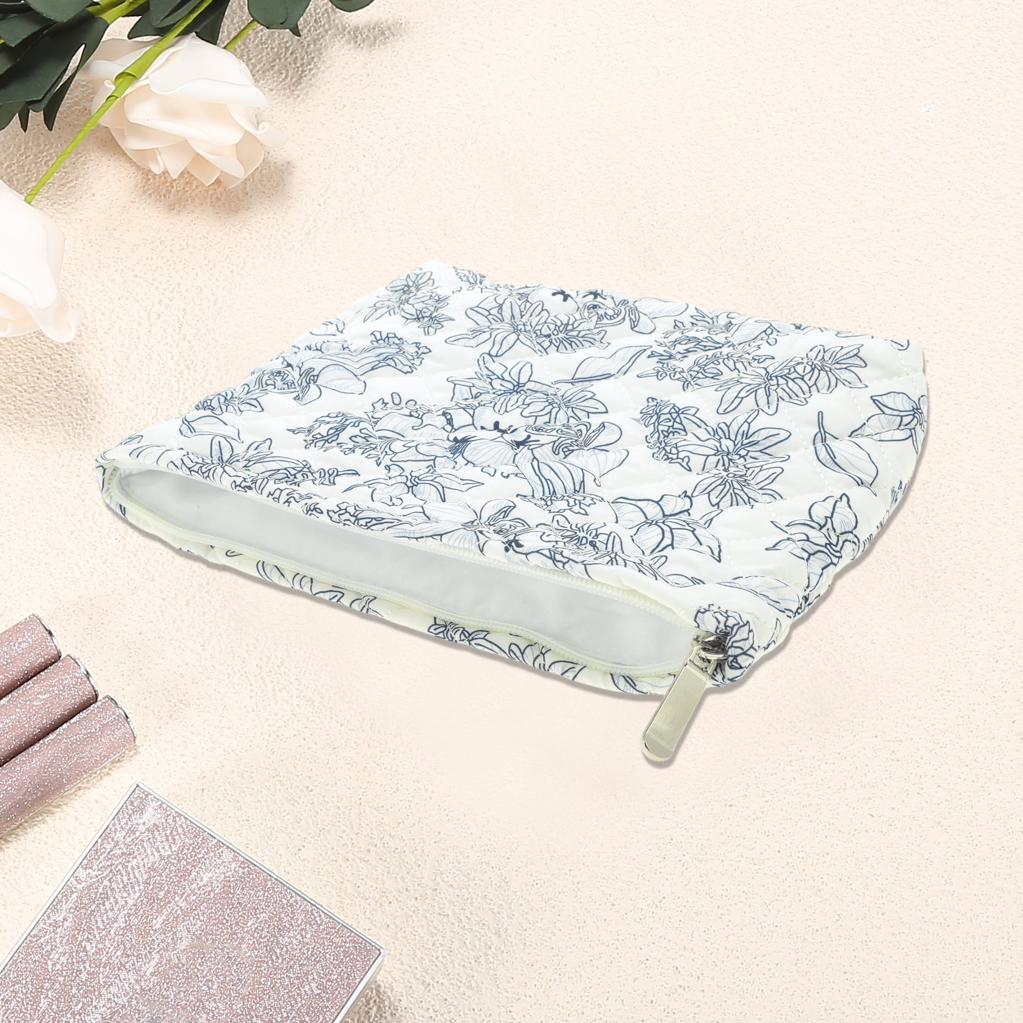 Unique Bargains Floral Quilted Clutch Makeup Bag Cyan for Travel and Storage
