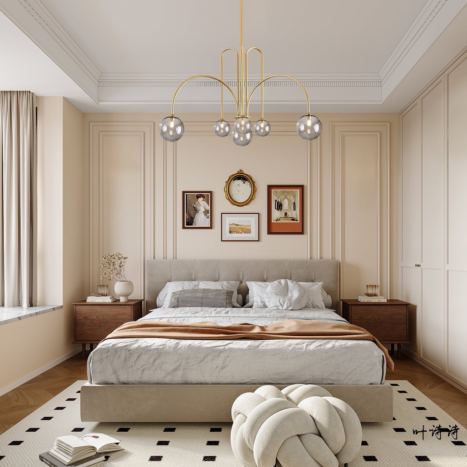 Modern Gold Chandelier, 6 Lights Sputnik Chandeliers Large L40”Mid Century Ceiling Pendant Light Fixtures with Smoke Glass Globe Shades for Living Dining Room Foyer Bedroom
