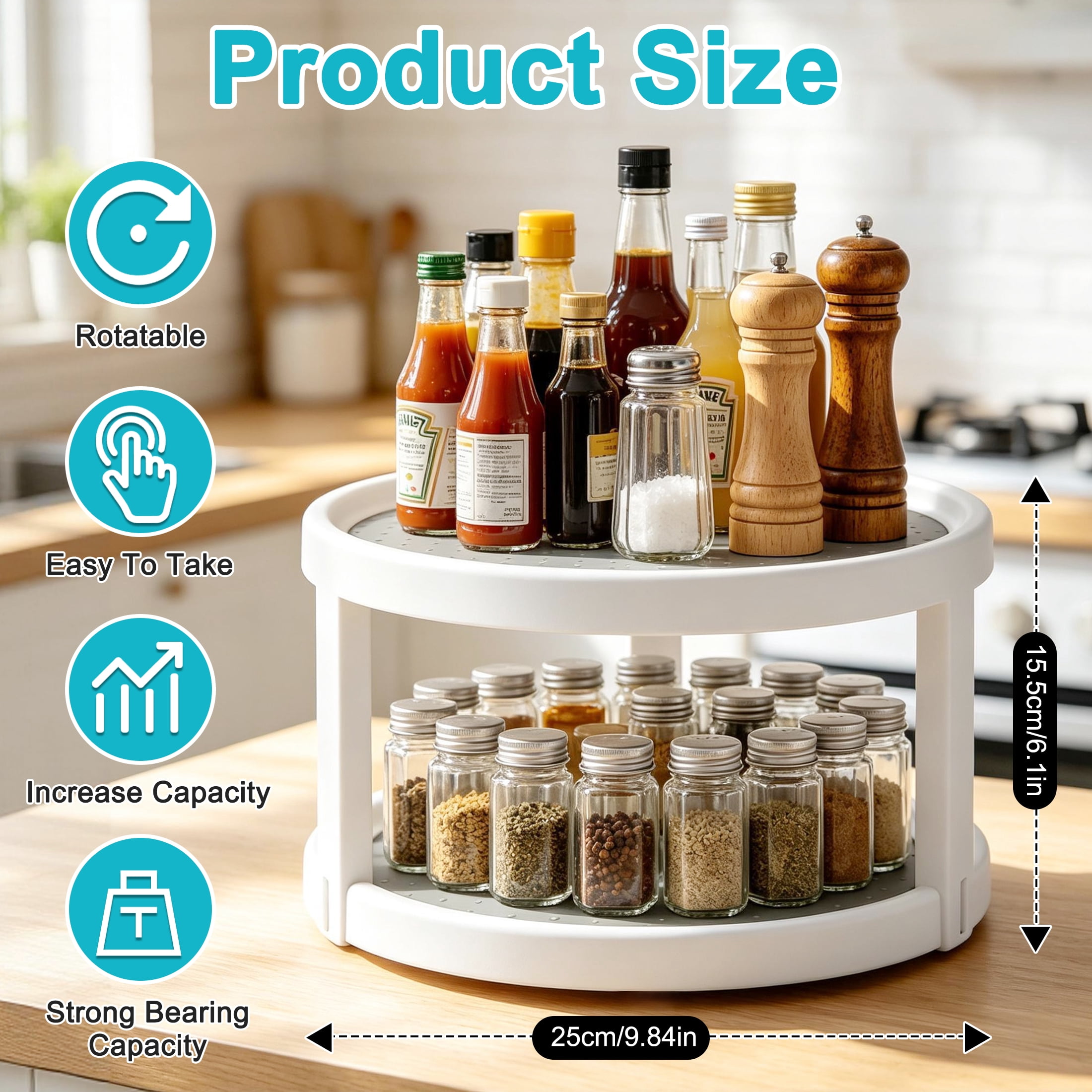 2-Tier Lazy Susan Turntable, Rotating Spice Rack, Turntable Rack for Cabinet, Non-Skid Lazy Susan Organizers for Kitchen Cabinet, Pantry and Countertop Organization