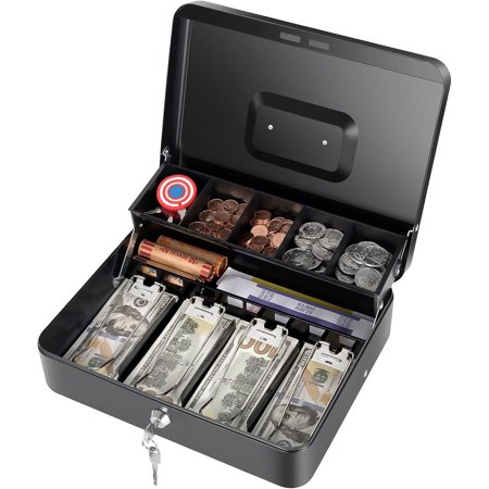 Cash Box with Money Tray and Key Lock Saving Lock Box with Money Tray Storage for Cash Register 11.8 x9.45 x3.54 Black XL Large