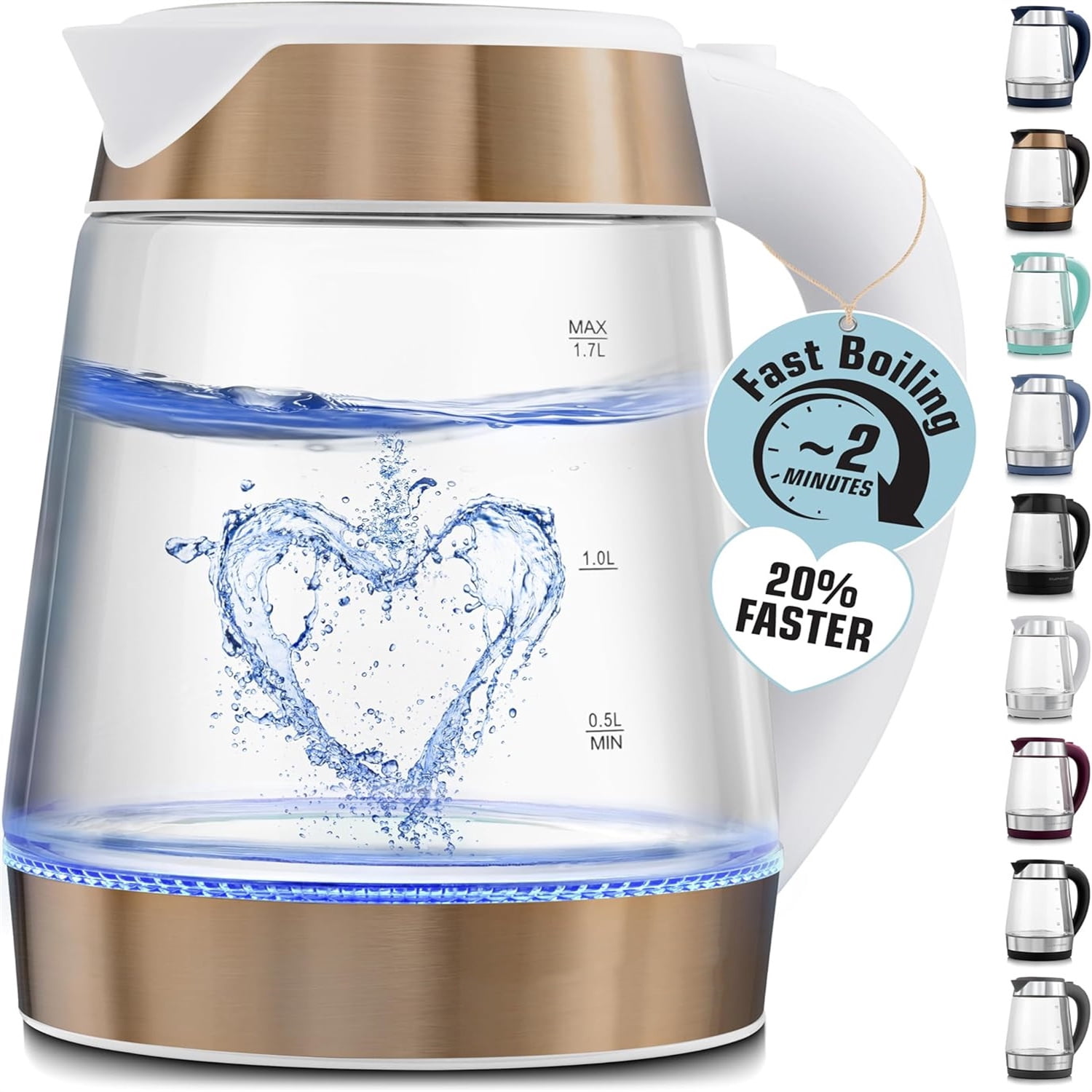 Kitchen Fast Boiling Electric Water Kettle - 1.7L, 1500W, Auto Shut-Off for Overboil & Boil Dry Protection, Cool-Touch Handle, 360° Base - Rapid Teapot Boiler For Coffee & Tea - White Copper