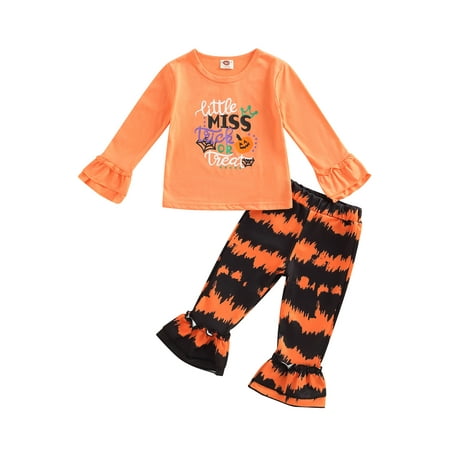 

Sunisery Toddler Baby Girl Clothes Halloween Ghost Pumpkin Outfits Shirt Top Flared Pants Trousers Set Orange Black 1-2 Years
