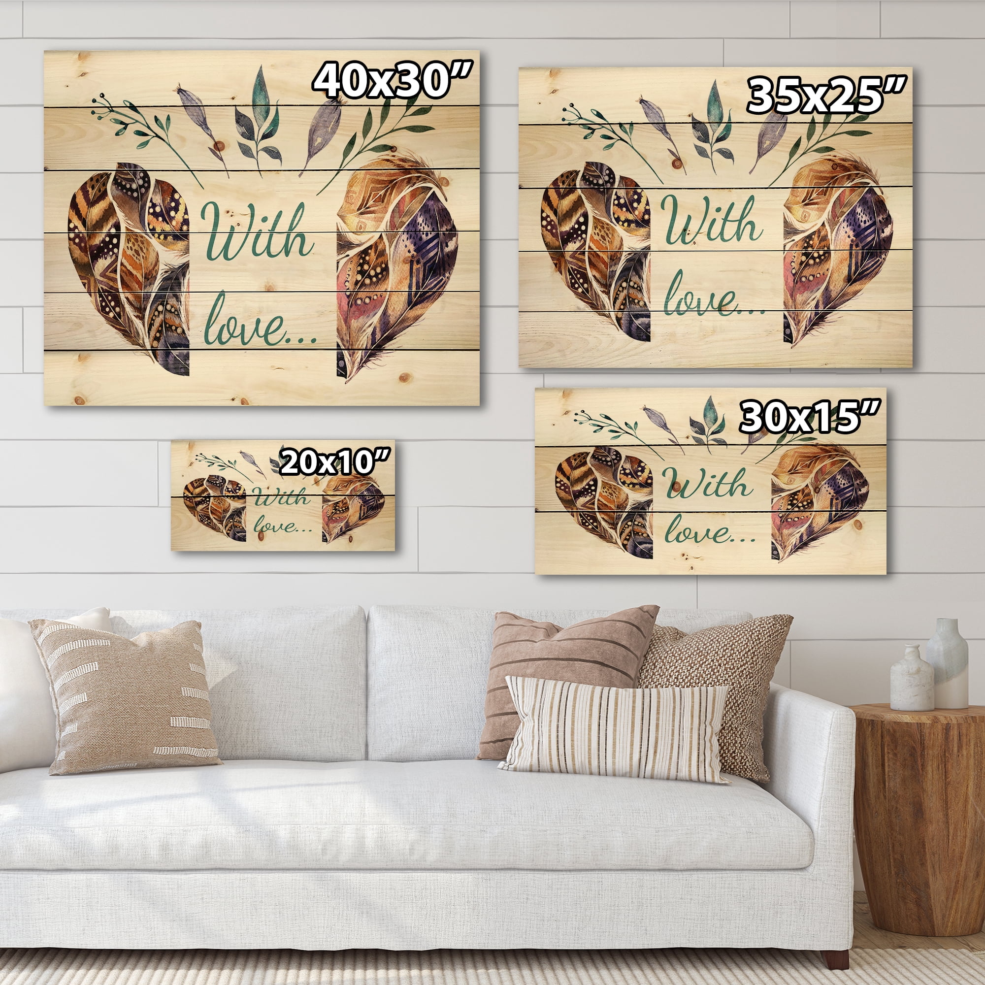 Designart 'Hearted Shaped Feathers With Love' Traditional Print on Natural Pine Wood