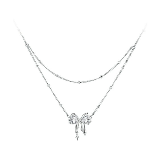 Glittering Bow Pendant Necklace - 925 Silver Adjustable Chain Delicate Pendant Jewelry for Women