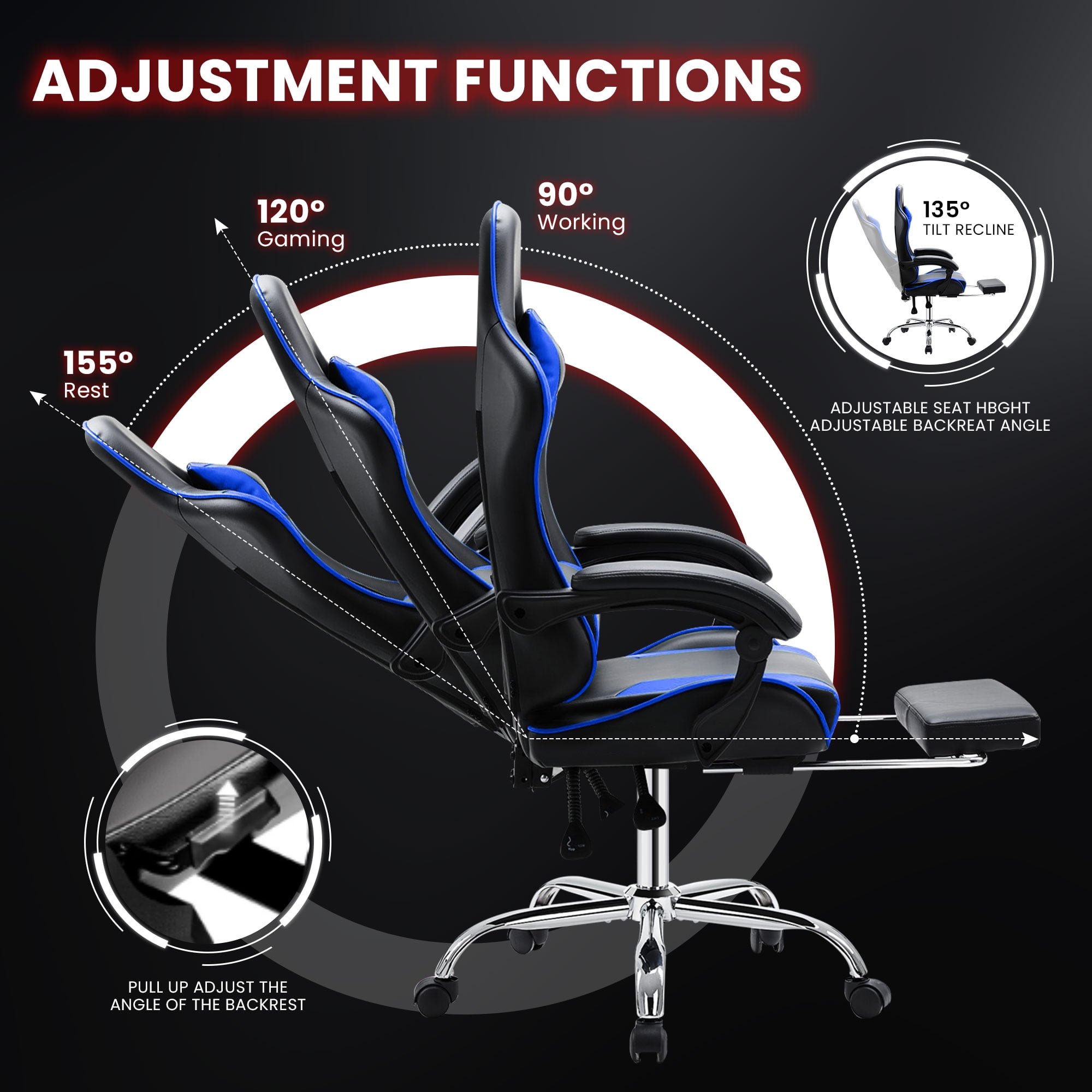 JONPONY Big and Tall Gaming Chair, Ergonomic Design, Gamer Chair PU Leather with Footrest and Lumbar Support, High Back Office Chair Support 8 Hours Long Sitting, Computer Chair,Black Blue