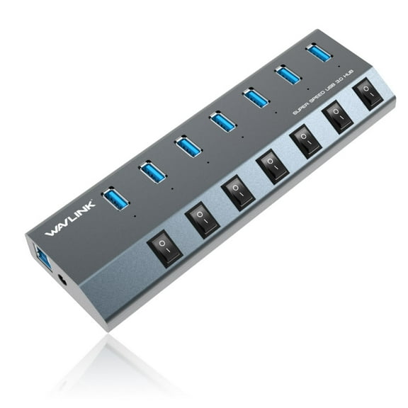 Wavlink 7-Port USB 3.0 Superspeed Hub with 48W Power Adapter, On/Off Switches with BC 1.2 Charging Support for Macbook, iPad, iPhone, Laptops, Tablets, Mobile HDD and more