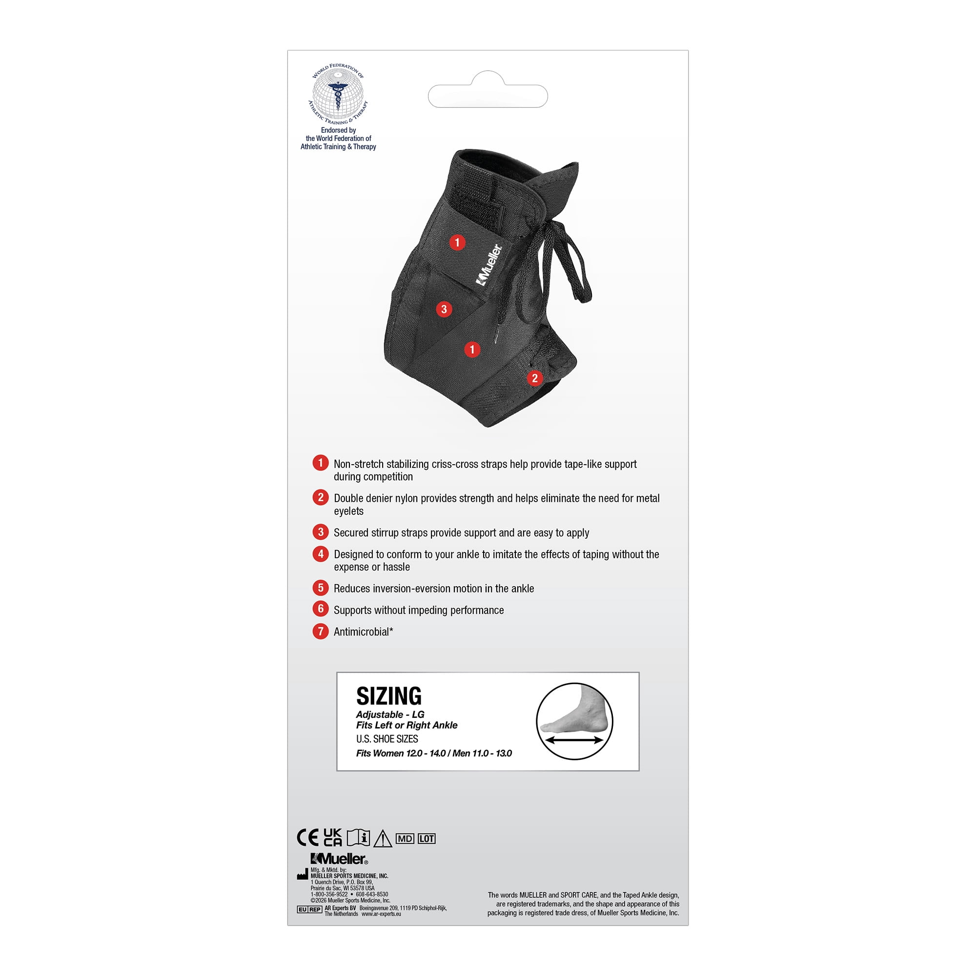 Mueller® Soft Ankle Brace with Straps, Large, Adjustable Ankle Support
