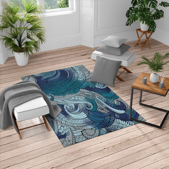 Abstract Turkish Area Rug, Ocean Inspired Graphic Paisley Pattern Swirled Hand Drawn Art Print, Soft Carpet for Living Room Decor with Distressed Look, 5.2' X 7.6', Pale Petrol, by Ambesonne