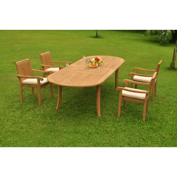 Grade-A Teak Dining Set: 4 Seater 5 Pc: 118" Double Extension Oval Table And 4 Napa Stacking Arm Chairs Outdoor Patio WholesaleTeak #WMDSNP34
