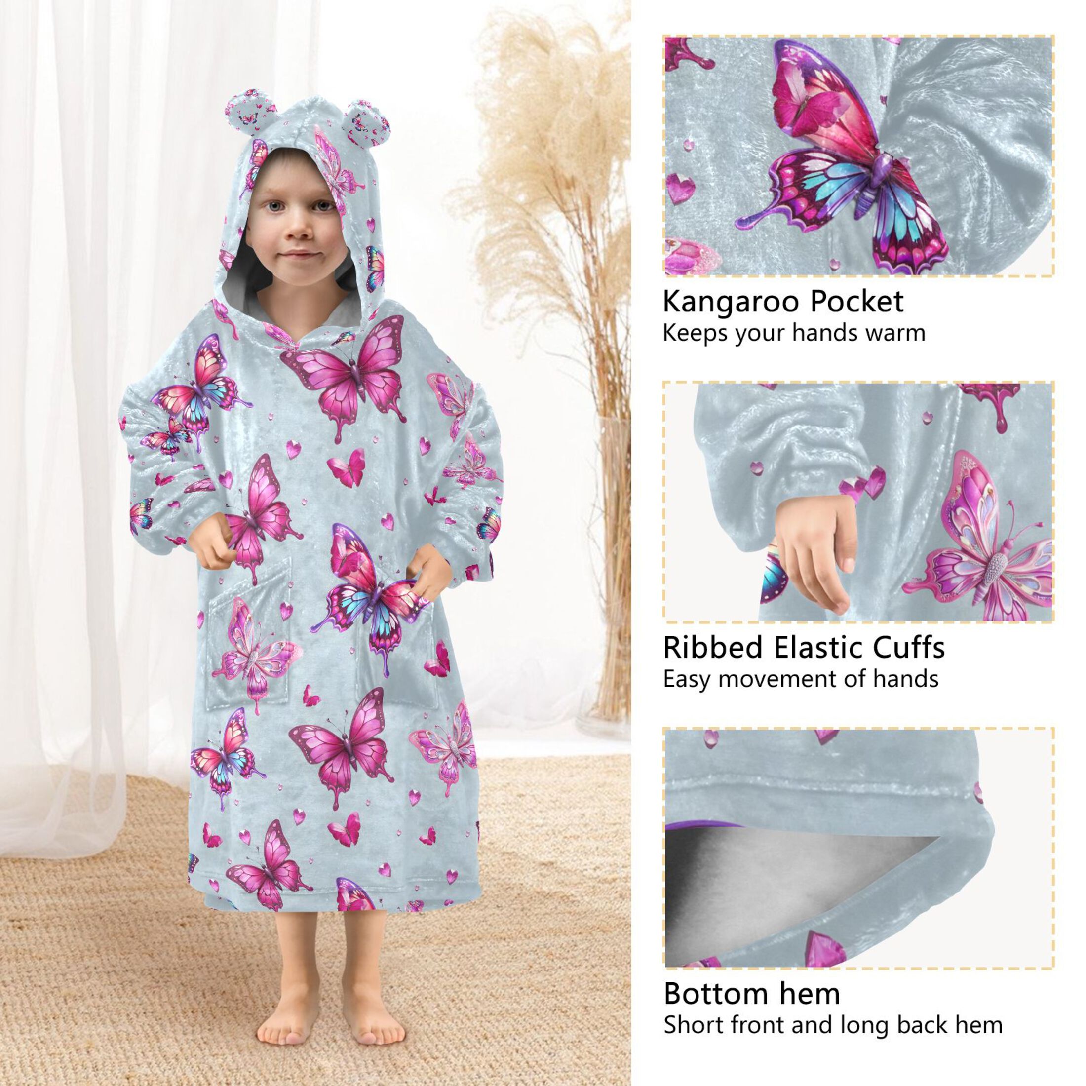 joogoo Blanket Hoodie for Butterfly Beautiful Oversize Sweatshirt 3-14 YR L