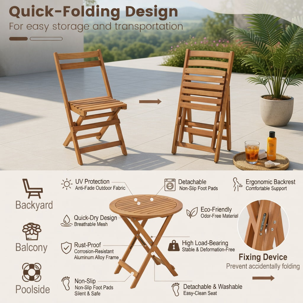 Hommoo 3-Piece Foldable Acacia Wood Patio Bistro Set, Slatted Table & Comfort-Curved Chairs for Poolside, Garden & Small Outdoor Spaces, Natural