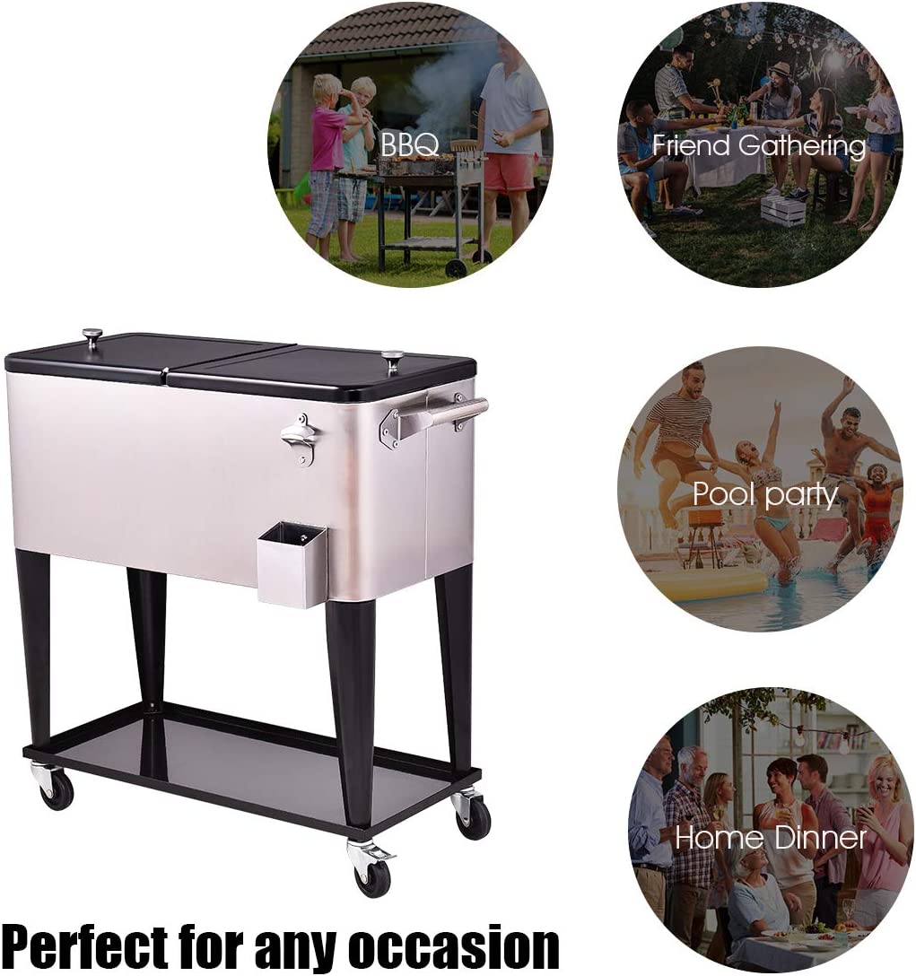 RELAX4LIFE Rolling Cooler 80 Quart Stainless Steel W/Shelf for Party,Picnic Outdoor Beverage Bar Portable Ice Chest