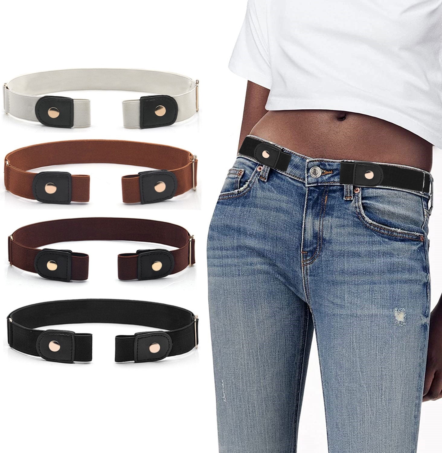 Bodychum No Buckle Belts for Women Jean Belts Stretch Belt Female Fashion  Waist Belt for Dresses, White, Valentines Day Gifts