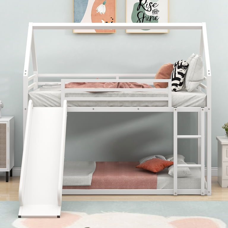 Euroco Twin Over Twin House Bunk Bed with Slide, White photo 2
