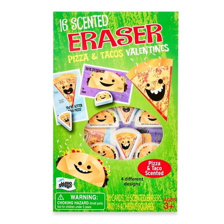 Mello Smello Valentine's Day Scented Eraser Pizza & Tacos Valentines Kiddie Cards, 16CT