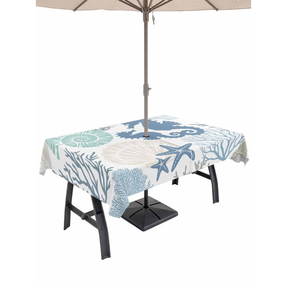 Outdoor Tablecloth with Umbrella Hole for Patio/Picnic/Party/Camping, Coastal Seahorse Waterproof Table Cloth Rectangle Table Cover Washable, Nautical Beach Ocean Shells Starfish (52"x 70")