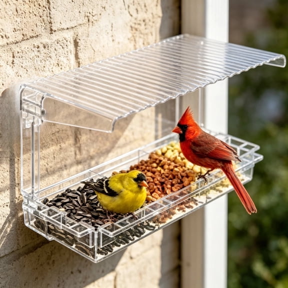 1‑Pack Clear Window Bird Feeder for Outdoor Viewing, Acrylic Window Mount Bird Feeder with Wavy Roof, 5 Perch Stands, Drain Holes, Removable Tray, Self‑Adhesive Hooks for Garden Backyard Decor