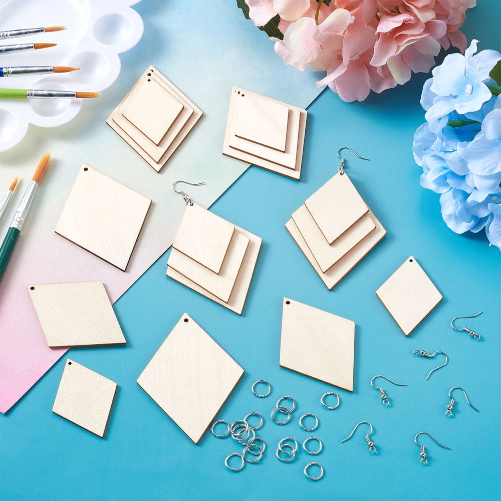 DIY Rhombus Shape Wood Pendants Earring Making Kits Include Platinum Plated Brass Earring Hooks and Jump Rings White