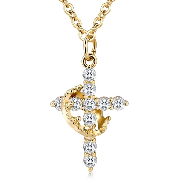 Rotatable Crown Gold Cross Necklaces for Women, Hypoallergenic Diamond 14K Gold Plated Necklaces for Women Non Tarnish, Dainty Crown and Cross Chain[b976]